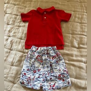 Baby Boy Summer Short Set & Red Collared Shirt- 12-18 months